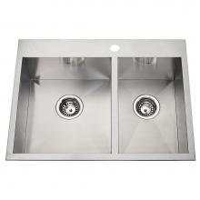 Kindred Canada QCLF2027R/8-1 - 20 gauge hand fabricated dual mount two bowl ledgeback sink, small bowl right, 1 faucet hole
