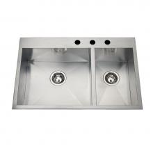 Kindred Canada QCLF2031R/8/3 - 20 gauge hand fabricated dual mount two bowl ledgeback sink, small bowl right, 3 faucet holes