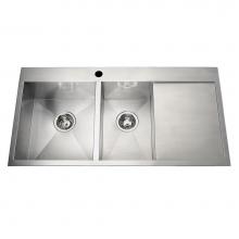 Kindred Canada QCLF2039DBR/8-1 - 20 gauge hand fabricated dual mount two bowl ledgeback drainerboard sink, small bowl right, 1 fauc