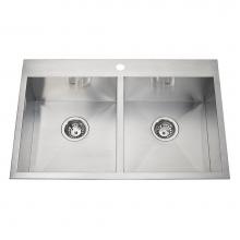 Kindred Canada QDLF2031/8/1 - 20 gauge hand fabricated dual mount double bowl ledgeback sink, 1 faucet hole