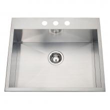 Kindred Canada QSLF2225/8-3 - 20 gauge hand fabricated dual mount single bowl ledgeback sink, 3 faucet holes