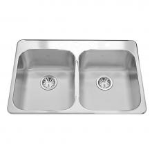 Kindred Canada RDL2031/4 - 20 ga, topmount double bowl sink, 4 faucet holes, linear brushed bowls, mirror rim