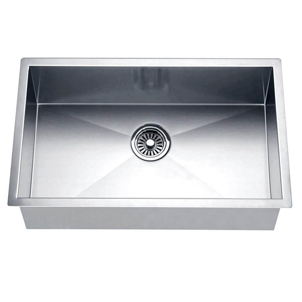 Handmade stainless steel undermount single bowl with straight sink edges and near zero radius corn