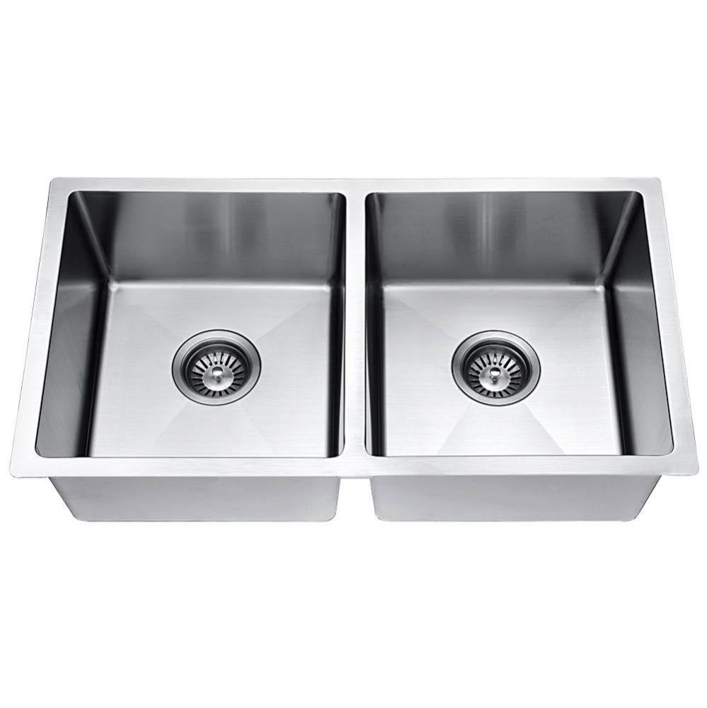 Handmade stainless steel undermount double bowl sink with straight sink edges and near zero radius