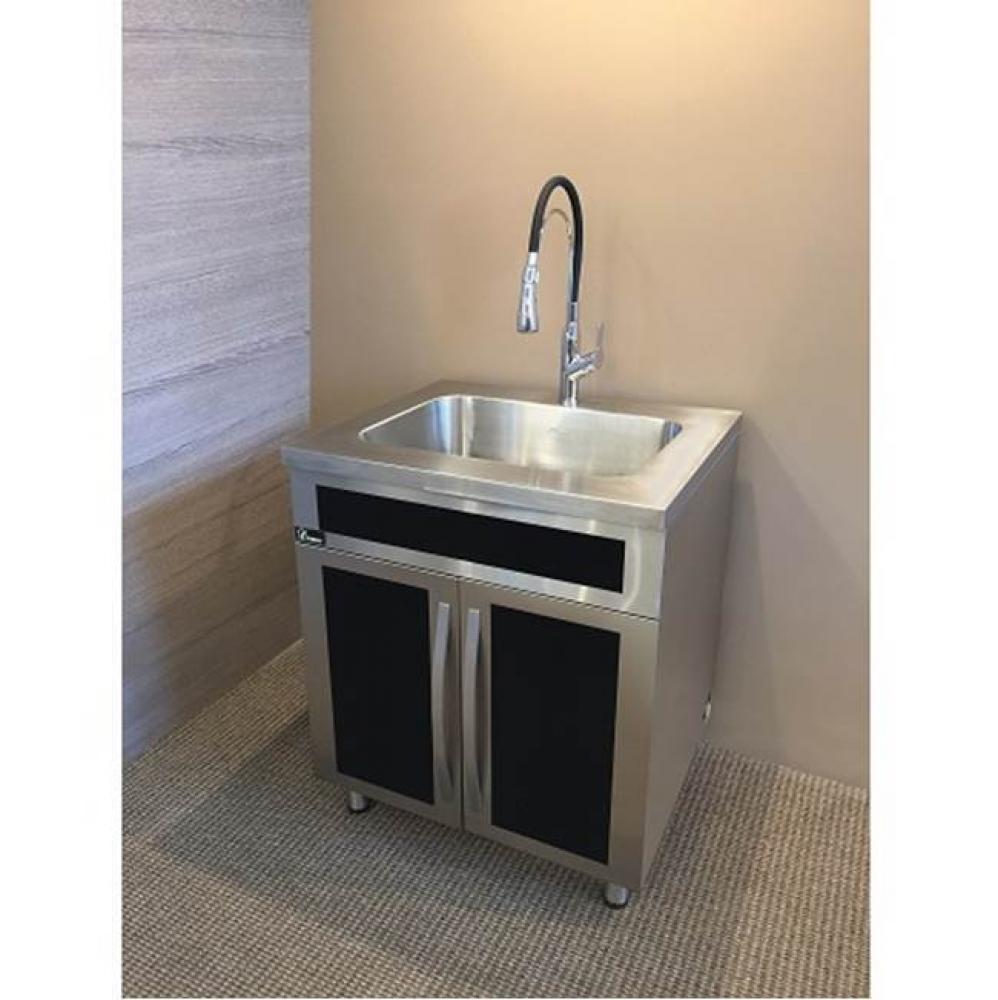 Dawn® Stainless Steel Sink Base Cabinet with Built in Garbage Can with Black Tempered Glass P