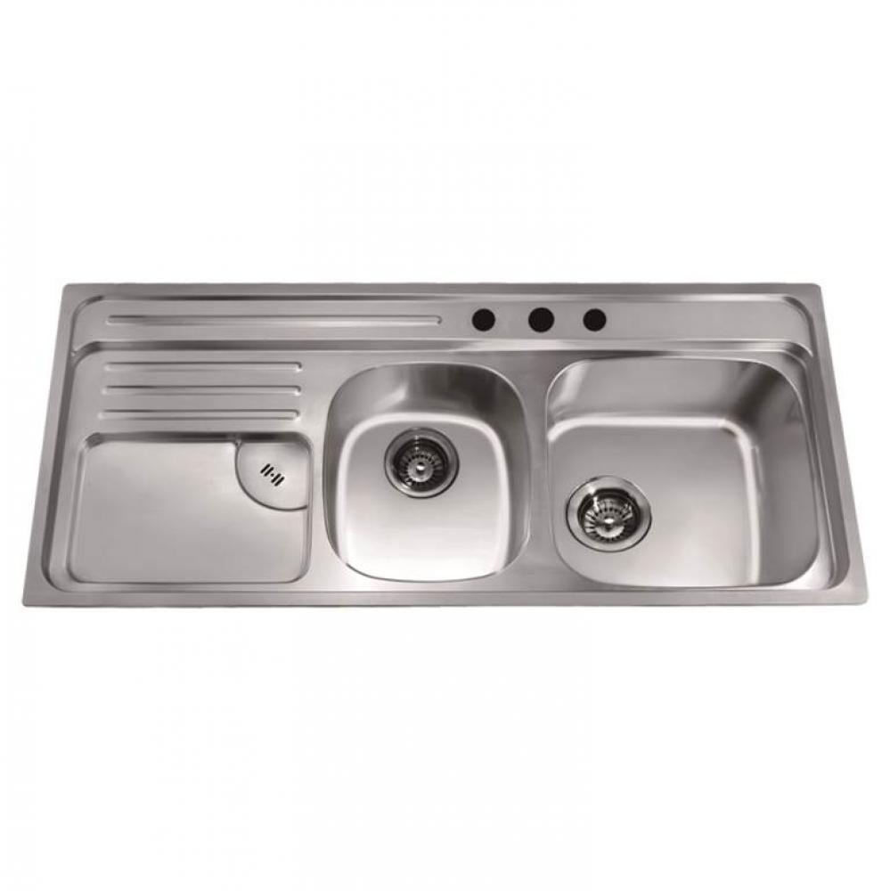 Dawn® Top Mount Double Bowl Sink with Integral Drain Board and 3 Holes (Large Bowl on Right)
