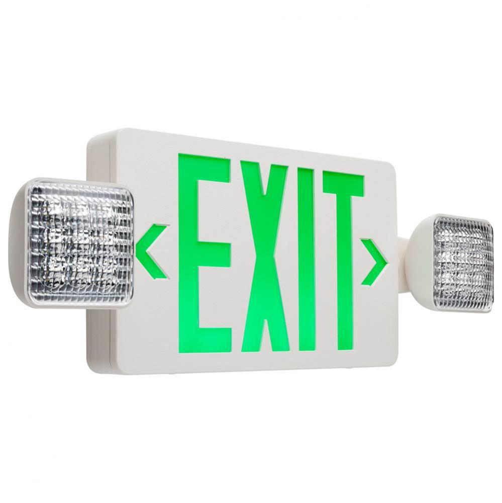 Combination Green Exit Sign/Emergency Light, 90min Ni-Cad backup, 120/277V, Dual Head, Single/Dual
