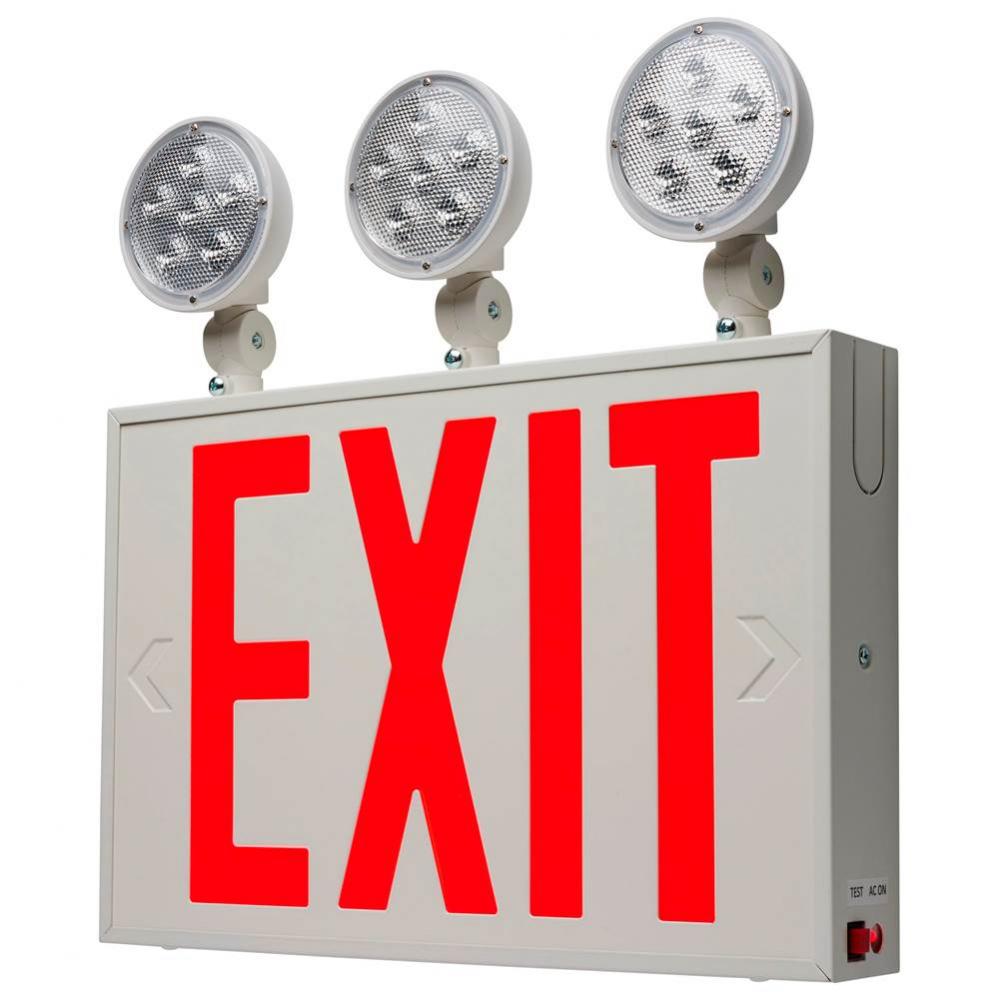 Combination Red Exit Sign/Emergency Light, 90min Ni-Cad backup, 120/277V, Tri Head, Single/Dual Fa