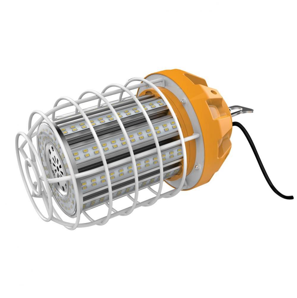 80 watt LED Hi-lumen temporary hi-bay caged lamp; 5000K; Integrated cord / plug and hook; 120