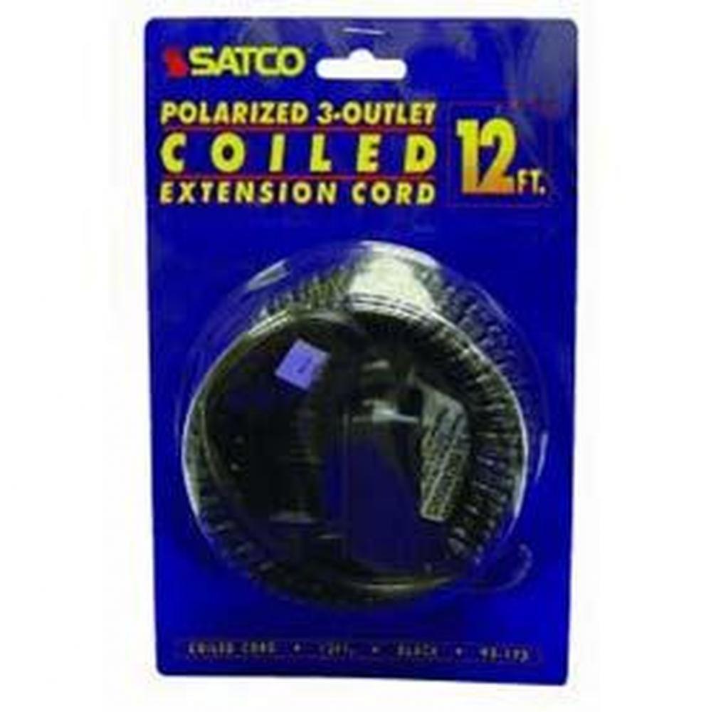 12 Foot Coiled (Extended) Extension Cord; Black Finish; 16/2 SPT-2; 13A-125V-1625W Rating