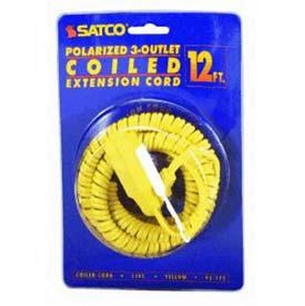 12 Foot Coiled (Extended) Extension Cord; Yellow Finish; 16/2 SPT-2; 13A-125V-1625W Rating
