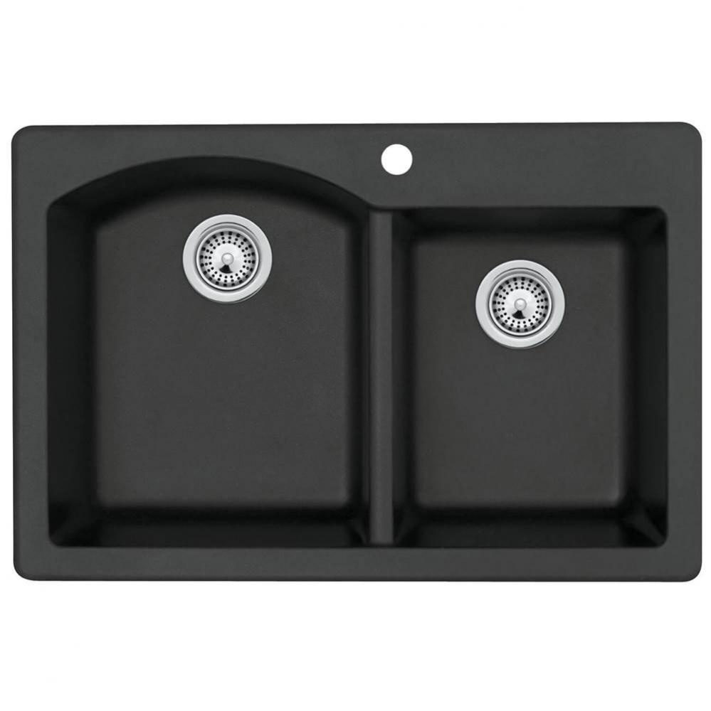 QZDB-3322 22 x 33 Granite Drop in Double Bowl Sink in Nero