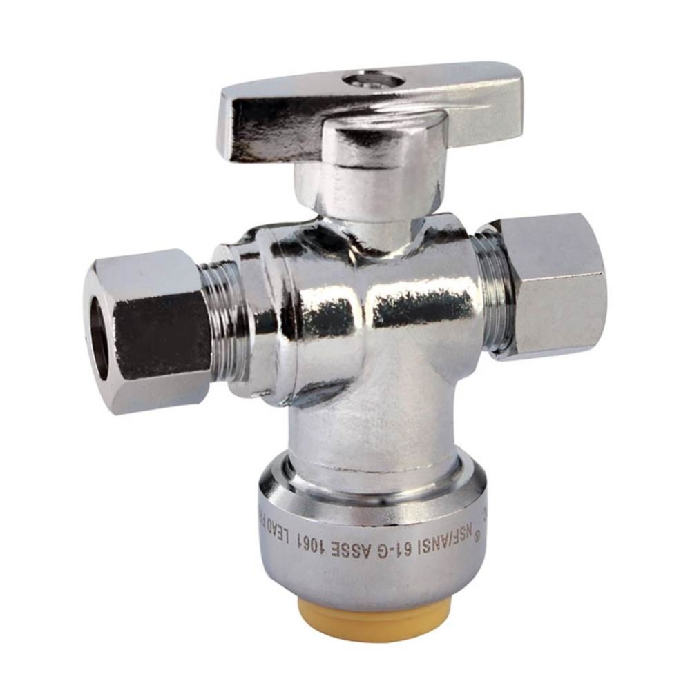 Dual Angle Stop 1/2 Pdq x 3/8od x 3/8od Comp 1/4-turn Chrm 1/bx