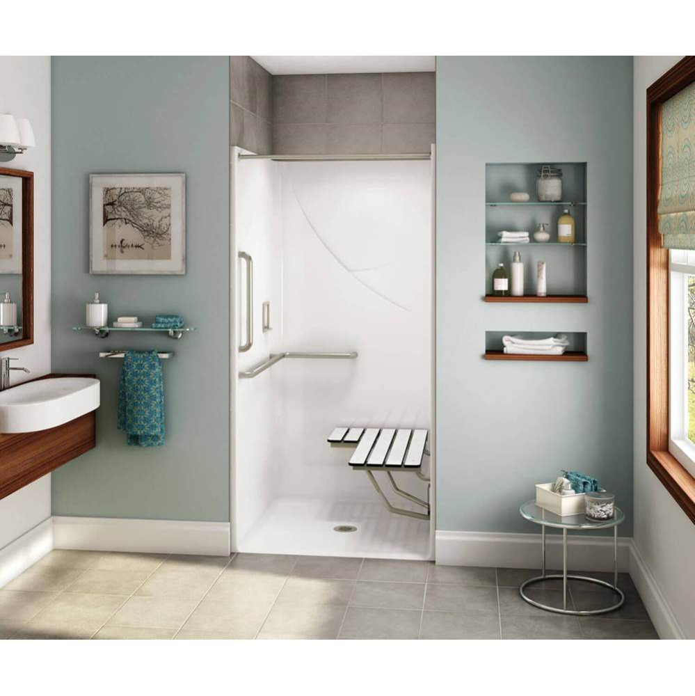 OPS-3636-RS AcrylX Alcove Center Drain One-Piece Shower in Bone - L-shaped and Vertical Grab Bar a