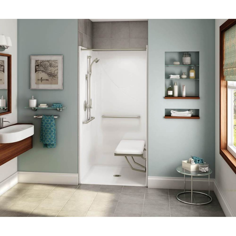 OPS-3636 AcrylX Alcove Center Drain One-Piece Shower in Bone - with MASS grab bar and seat