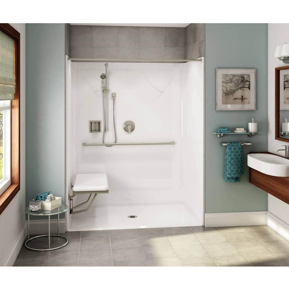 OPS-6036 AcrylX Alcove Center Drain One-Piece Shower in White - MASS Grab Bar and Seat