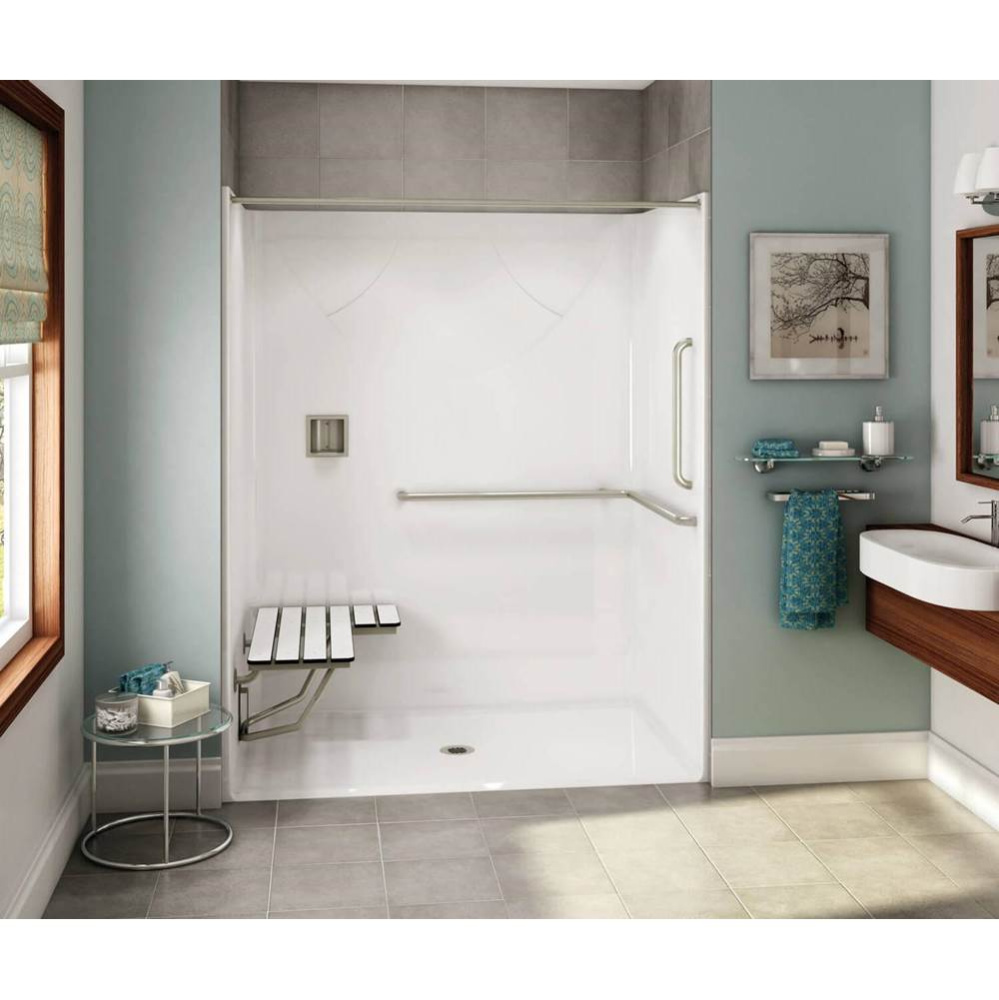 OPS-6036-RS AcrylX Alcove Center Drain One-Piece Shower in Thunder Grey - ANSI Grab Bar and seat