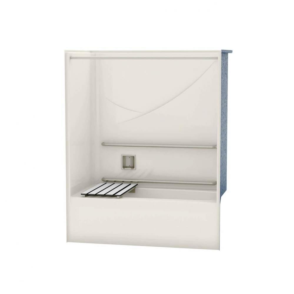 OPTS-6032 AcrylX Alcove Right-Hand Drain One-Piece Tub Shower in Biscuit - MASS Grab Bars and Seat