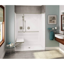 Aker 141368-R-000-004 - OPS-6036 AcrylX Alcove Center Drain One-Piece Shower in Bone - MASS Grab Bar and Seat