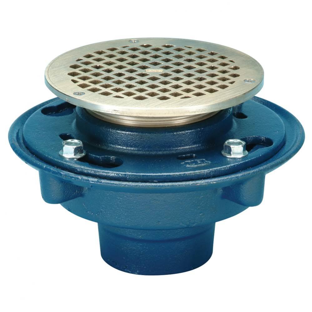 ZN415 Cast Iron Floor Drain w/ 6'' Round Adj Pol Nickel Strainer w/ Heel Proof Sq Openin