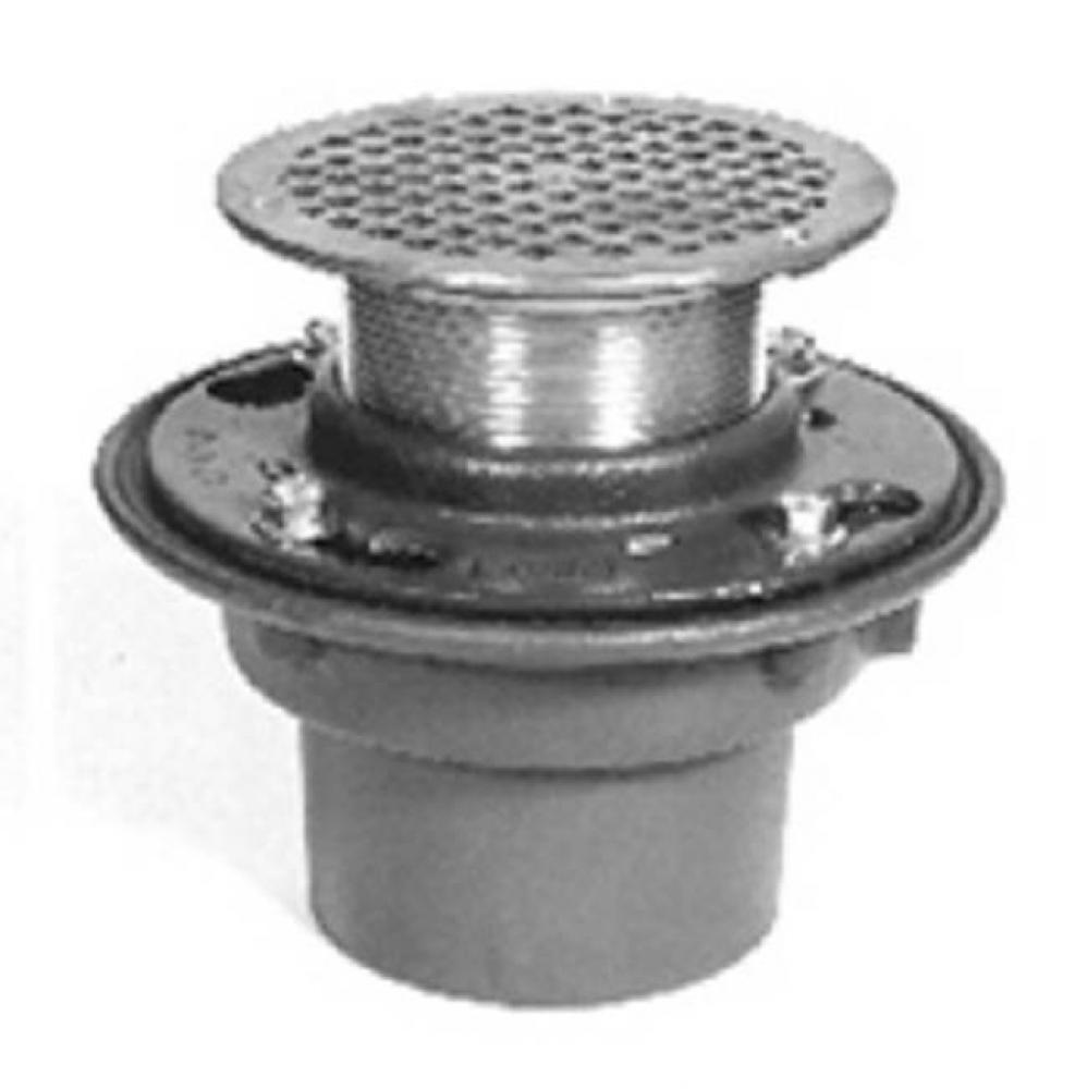 CI Floor Drain w/5'' Rd Adj Pol Nickel Str w/ Heel Proof Sq Opening Grate-Flange