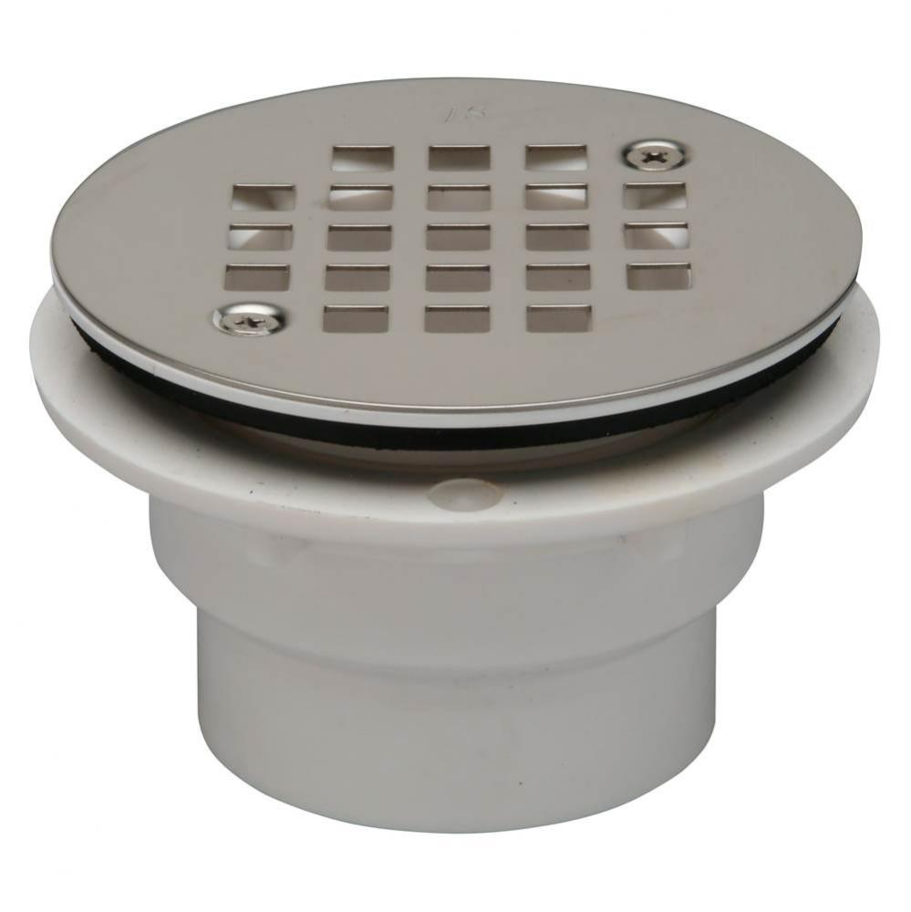 2-inch PVC Shower Stall Drain, 4 1/6-inch Round, Stainless Steel-Strainer