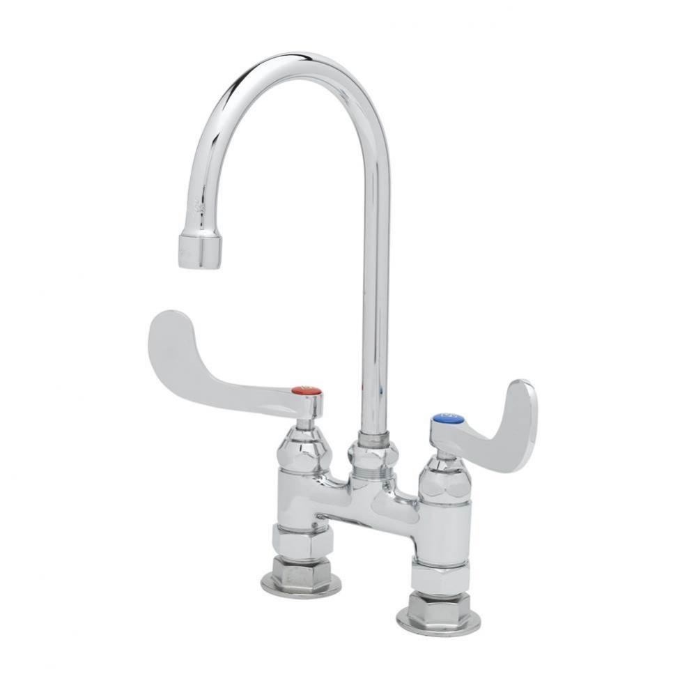 Double Pantry Faucet, 4'' c/c Deck Mount, Swivel Gooseneck, 4'' Wrist-Action H