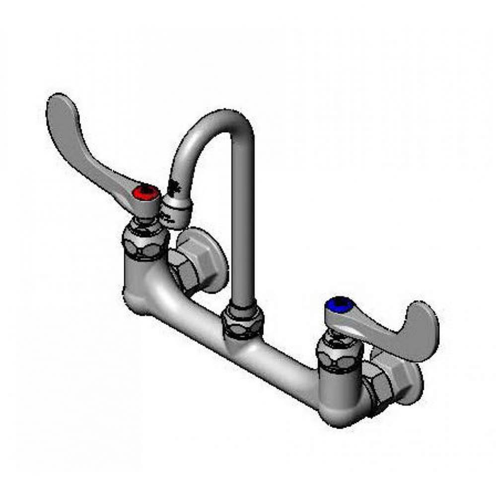 8'' Wall Mount Faucet, Rigid Gooseneck, 1.2 GPM Aerator, 4'' Wrist-Action Hand