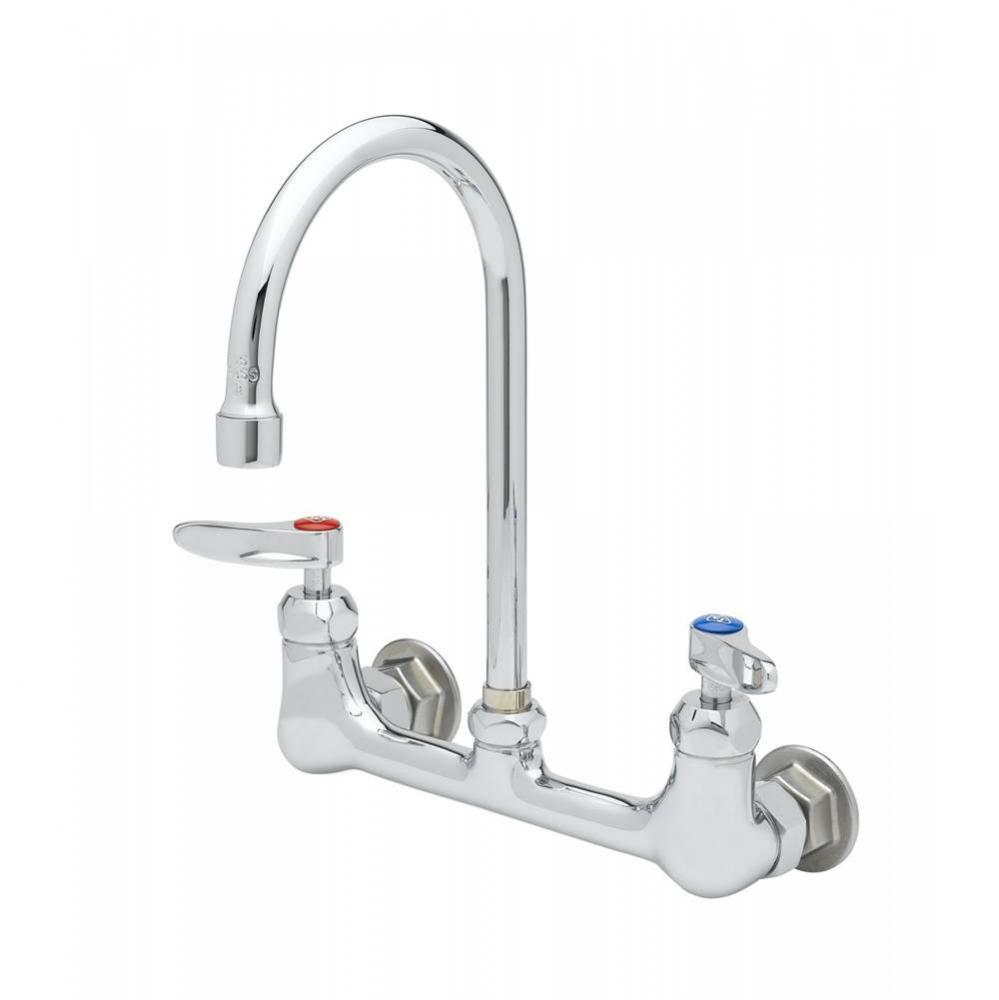 Faucet, 8'' Wall Mount, Ceramas, Swivel Gooseneck, Lever Handles, 1/2'' NPT In