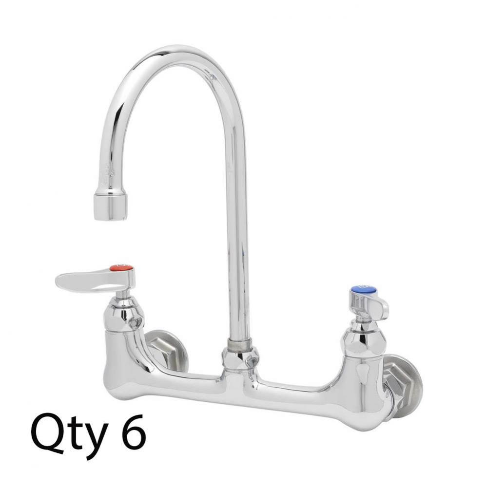 Double Pantry Faucet, Wall Mount, 8'' Centers, Swivel Gooseneck, Lever Handles (Qty. 6)