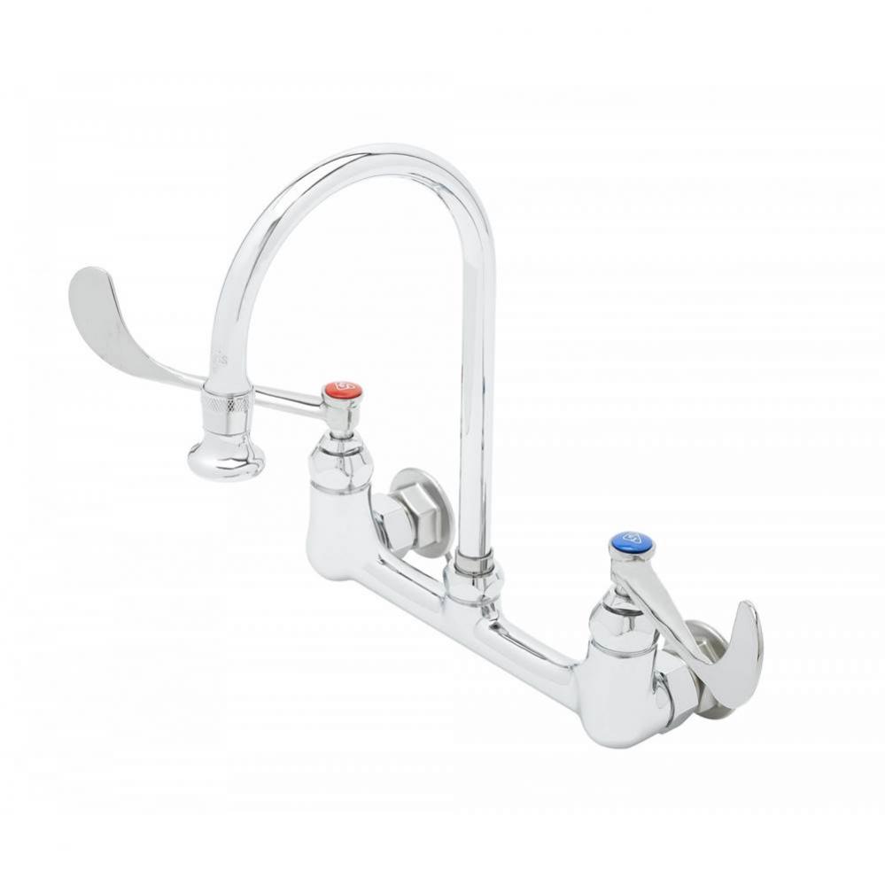 Wall Mount Faucet, 8'' Centers, S/R Gooseneck,2.2 GPM Rosespray, 6'' Wrist Han