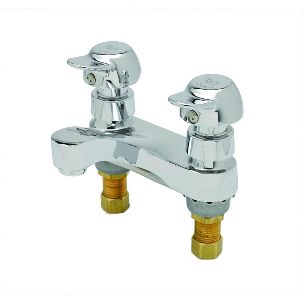 Metering Faucet, Deck Mount, 4'' Centers, Pivot-Action Metering, 0.5 GPM Outlet Device