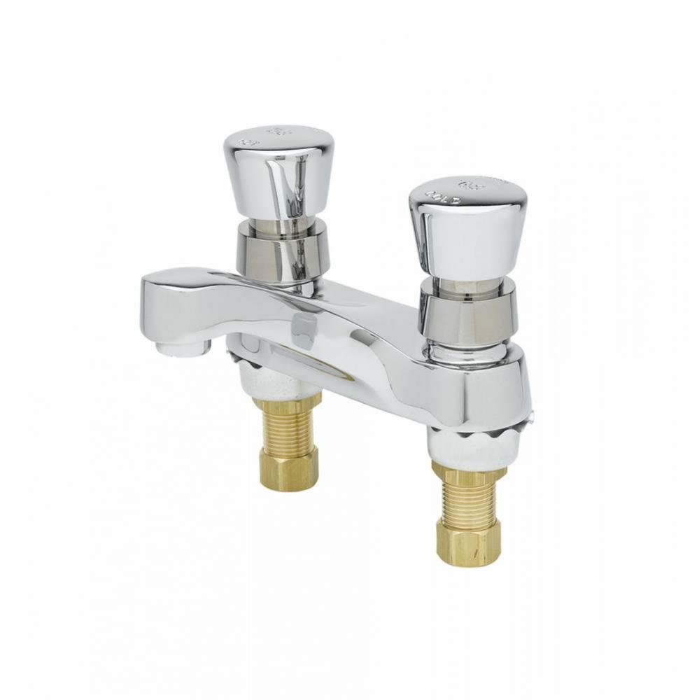 Metering Faucet, Deck Mount, 4'' Centers, Aerator, Push Button Handles, 1.5 GPM Aerator