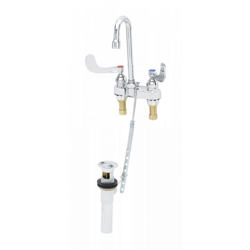 Medical Lav Faucet, Deck Mount, Swivel/Rigid Gooseneck, Aerator, 4'' Handles, Pop-Up Dra