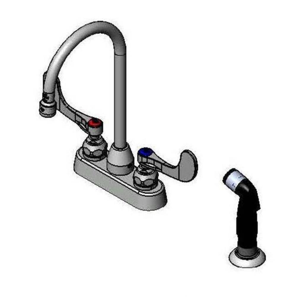 Workboard Faucet, Deck Mount, 4'' Centers, Gooseneck, Diverter, Side Spray, Wrist Handle