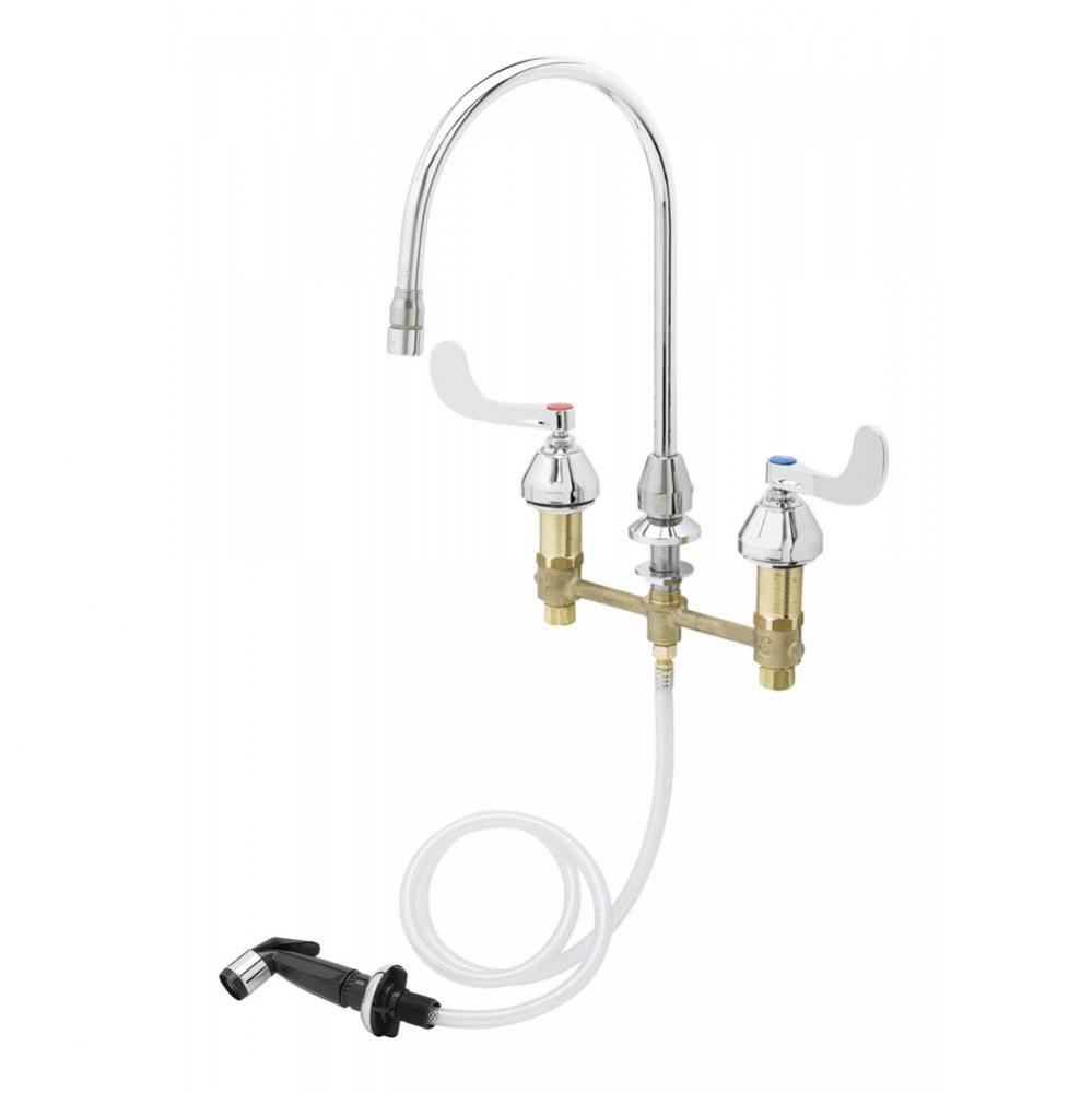 Medical Faucet w/Sidespray, 8'' Centers, Swivel Gooseneck w/Aerator, 4'' Wrist