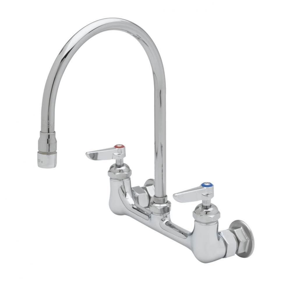 Double Pantry Faucet, Wall Mount, 8'' Centers, S/R Gooseneck w/Aerator, Lever Handles