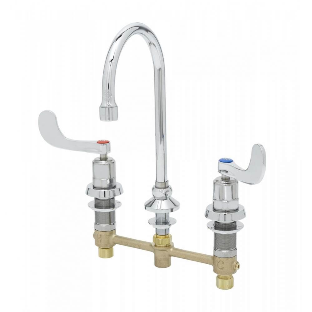 Medical Faucet, 8'' Centers, Swivel Gooseneck, Metering, Non-Splash Aerator, Wrist Actio