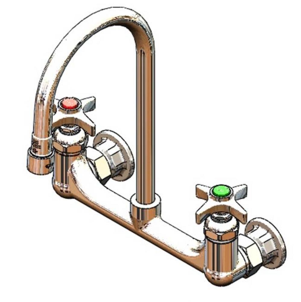 Sink Mixing Faucet, 8'' Wall Mount, Rigid Gooseneck, 2.2 GPM VR Aerator, 4-Arm Handles