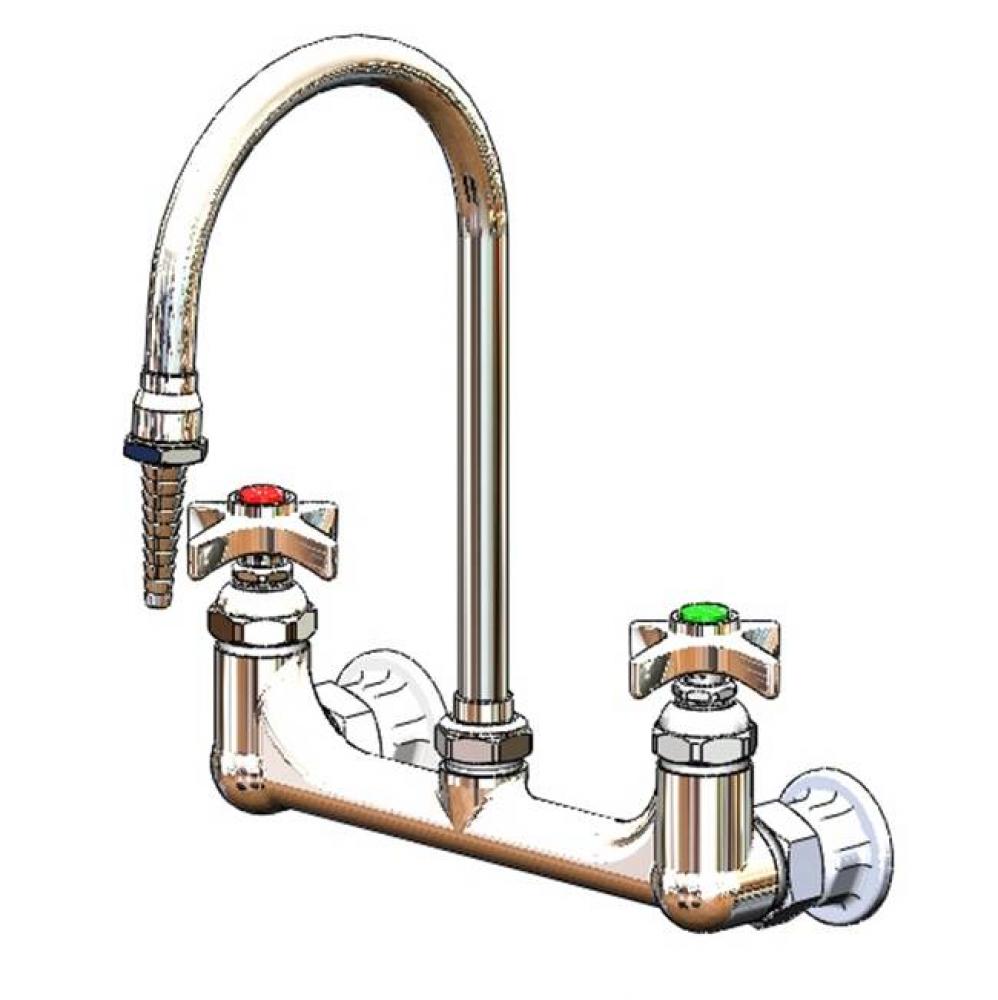 Lab Mixing Faucet, Wall Mounted, Swivel Gooseneck, Serrated Tip, 4-Arm Handles