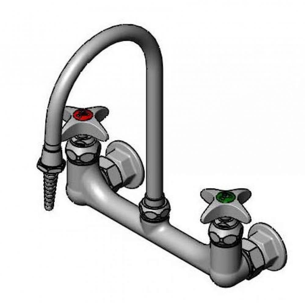 Lab Mixing Faucet, Wall Mounted, Swivel Gooseneck, Serrated Tip, 4-Arm Handles
