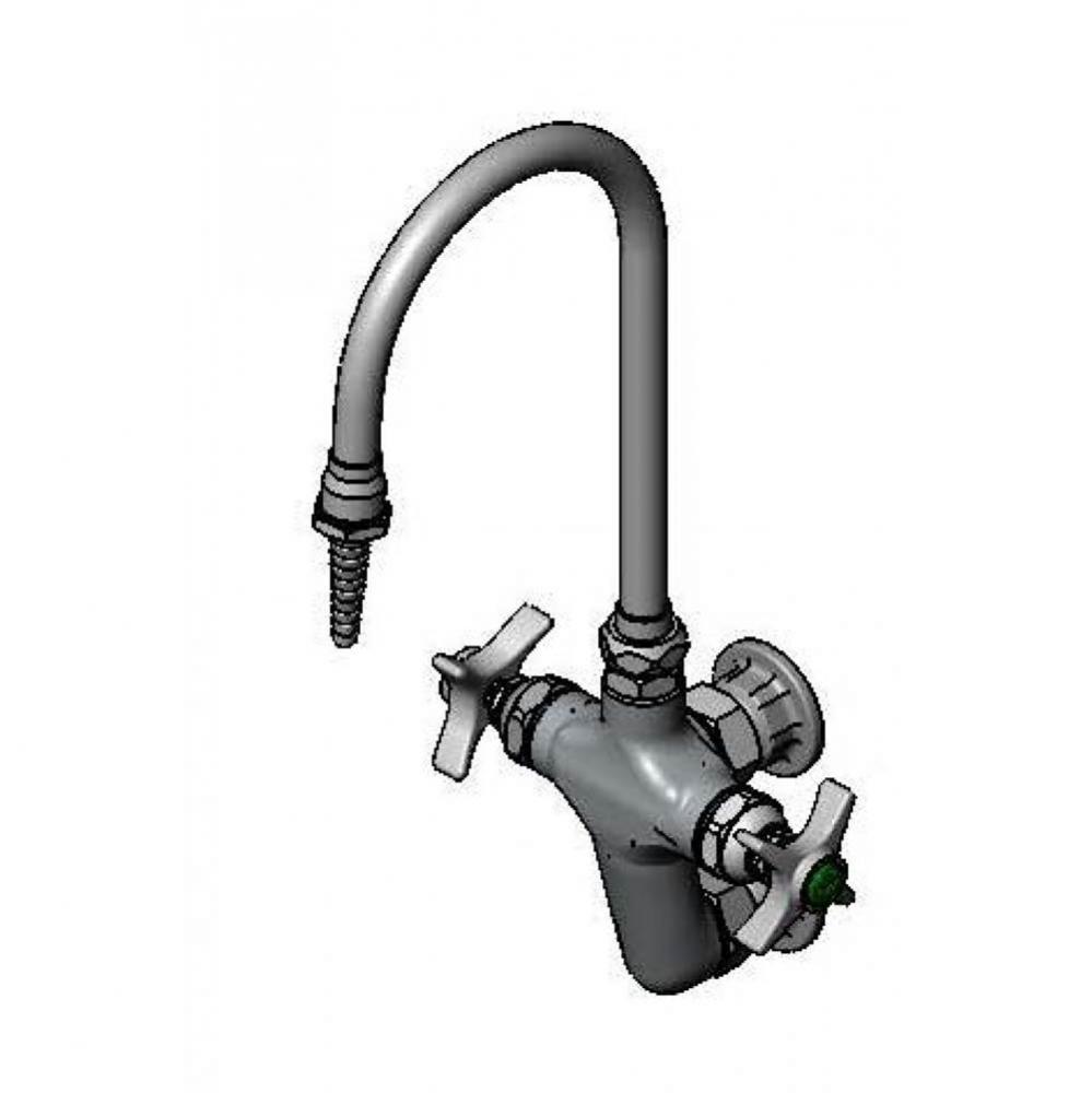 Lab Vertical Mixing Faucet, Wall Mount, Swivel Gooseneck, Serrated Tip, 4-Arm Handles