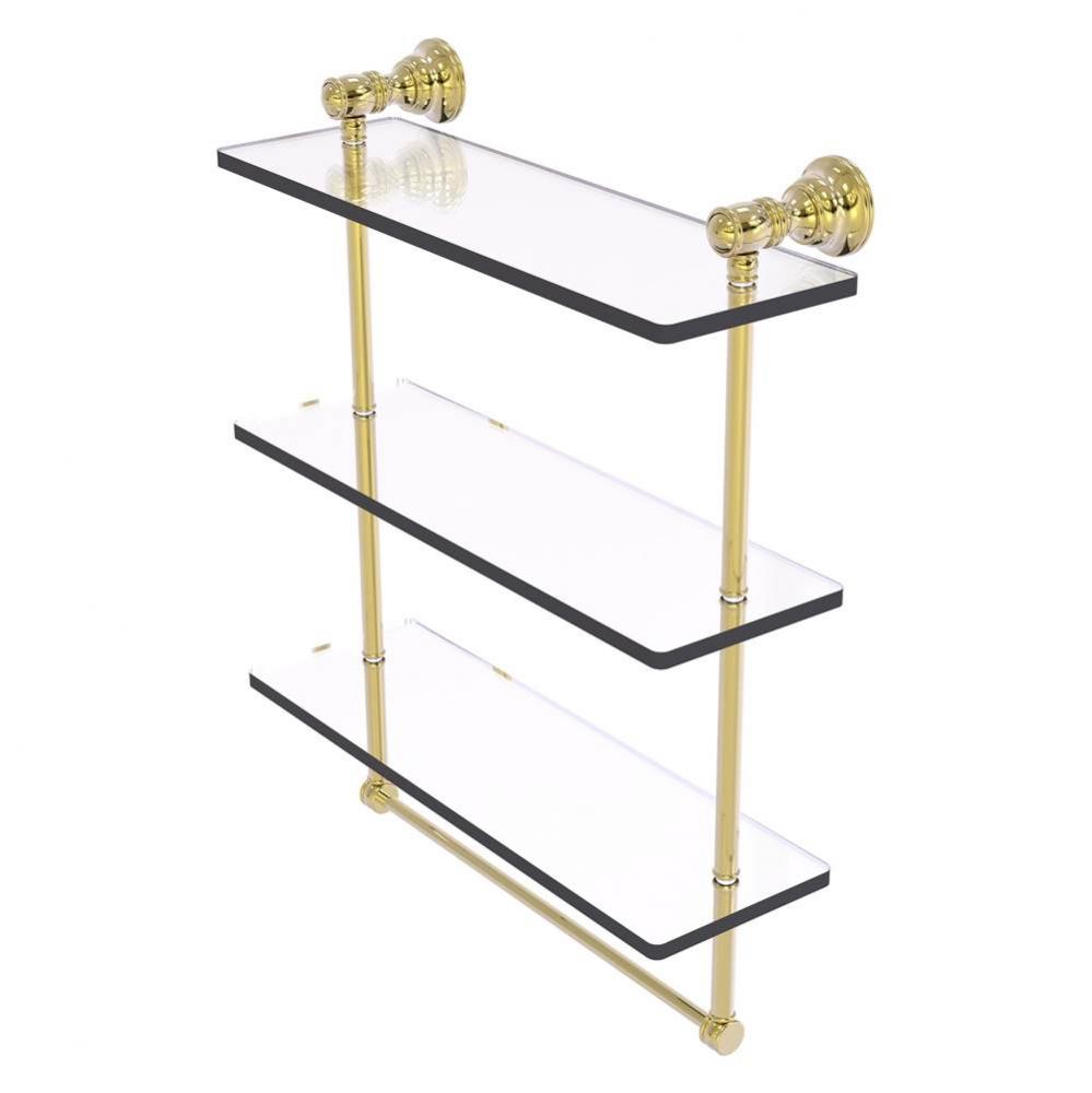 Carolina Collection 16 Inch Triple Glass Shelf with Towel Bar - Unlacquered Brass