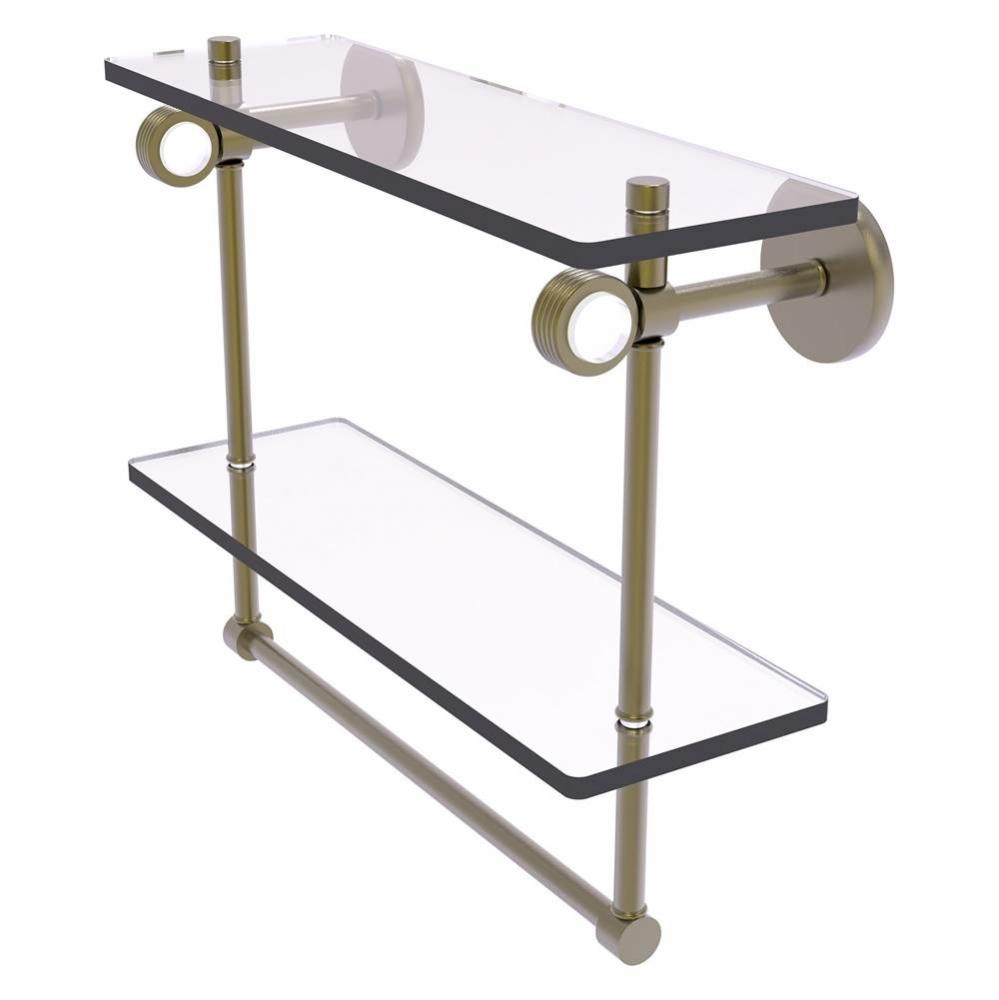 Clearview Collection 16 Inch Double Glass Shelf with Towel Bar and Grooved Accents - Antique Brass