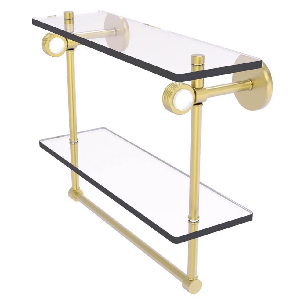 Clearview Collection 16 Inch Double Glass Shelf with Towel Bar and Grooved Accents - Satin Brass