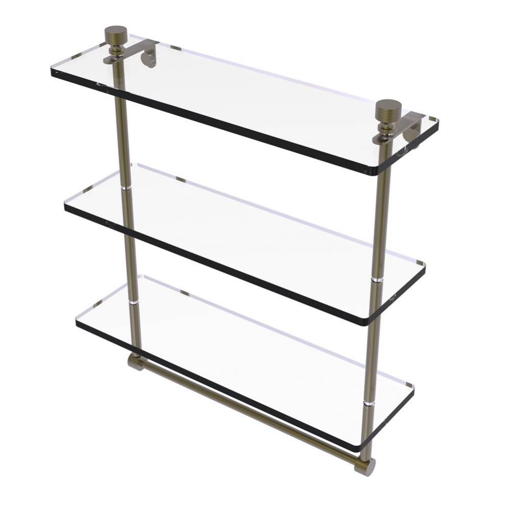 Foxtrot Collection 16 Inch Triple Tiered Glass Shelf with Integrated Towel Bar