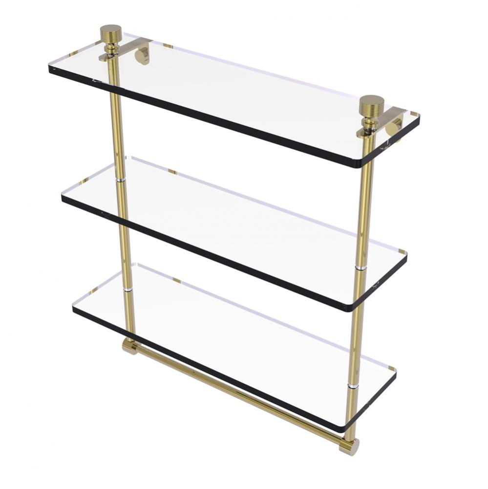 Foxtrot Collection 16 Inch Triple Tiered Glass Shelf with Integrated Towel Bar