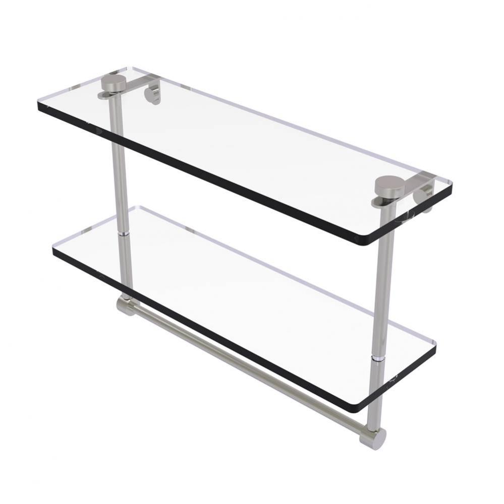 16 Inch Two Tiered Glass Shelf with Integrated Towel Bar