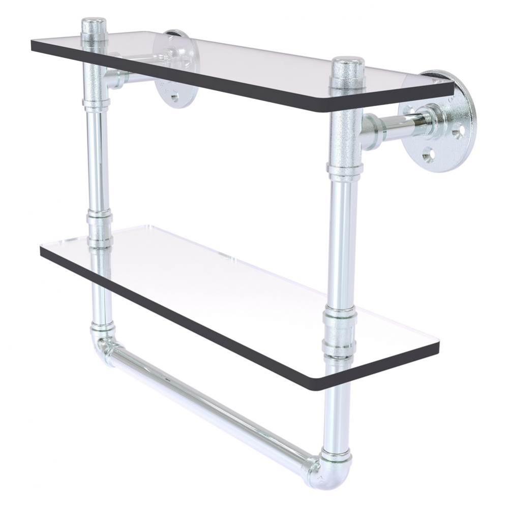 Pipeline Collection 16 Inch Double Glass Shelf with Towel Bar - Polished Chrome