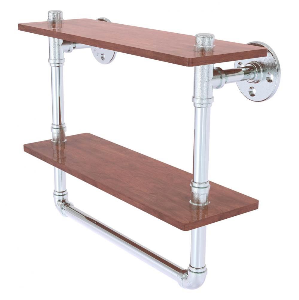 Pipeline Collection 16 Inch Double Ironwood Shelf with Towel Bar - Polished Chrome